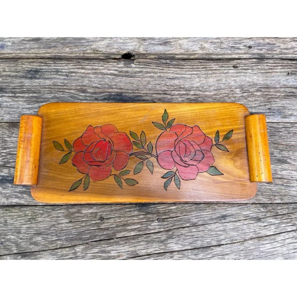Vintage Wood Bread Serving Tray Carved Red Roses